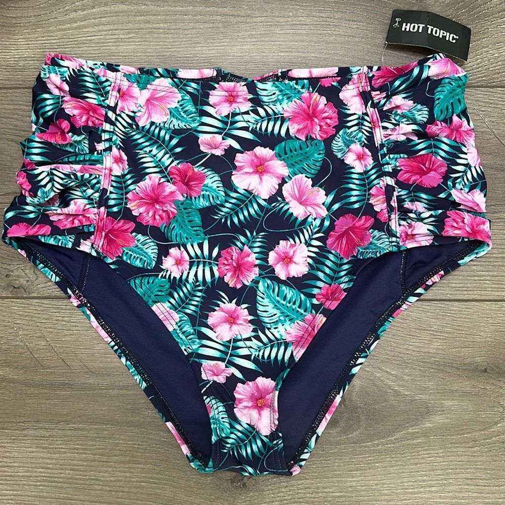 Hot Topic High Waist Floral Ruched Swim Bottom Pink Black Size 1X